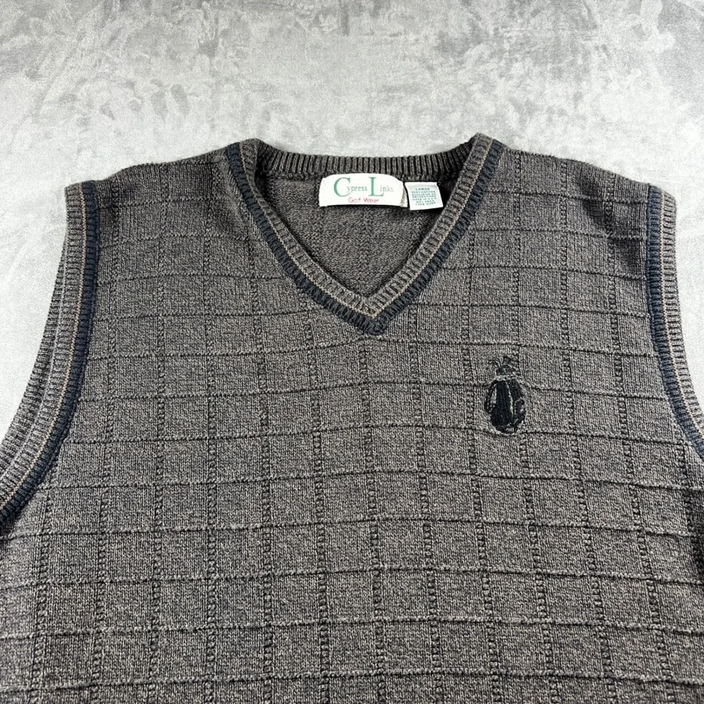 VTG Cypress Links Golf Wear Mens Large Gray Textured Grid Cotton Sweater Vest‎